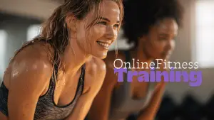 Women participating in live online fitness training group virtual class