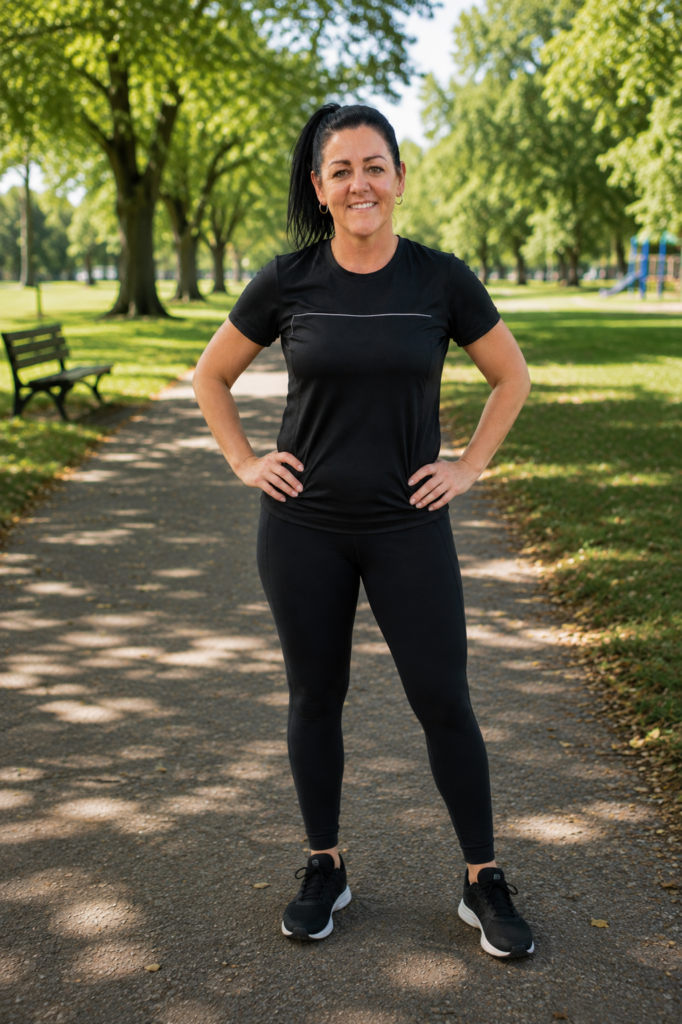 Sonia Chernochan, personal trainer for women in Surrey, standing in a park